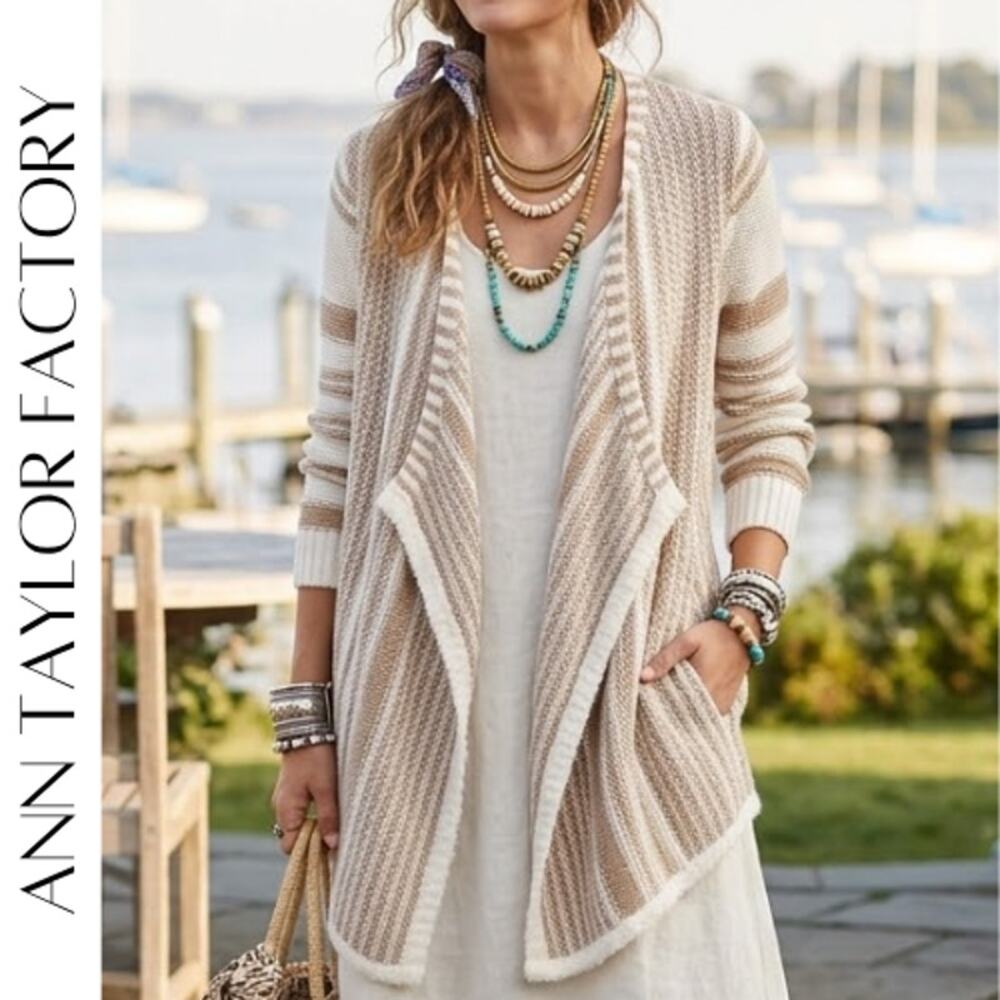 ANN TAYLOR FACTORY Taupe Ivory Stripe Open Front Hi-Low Cardigan M